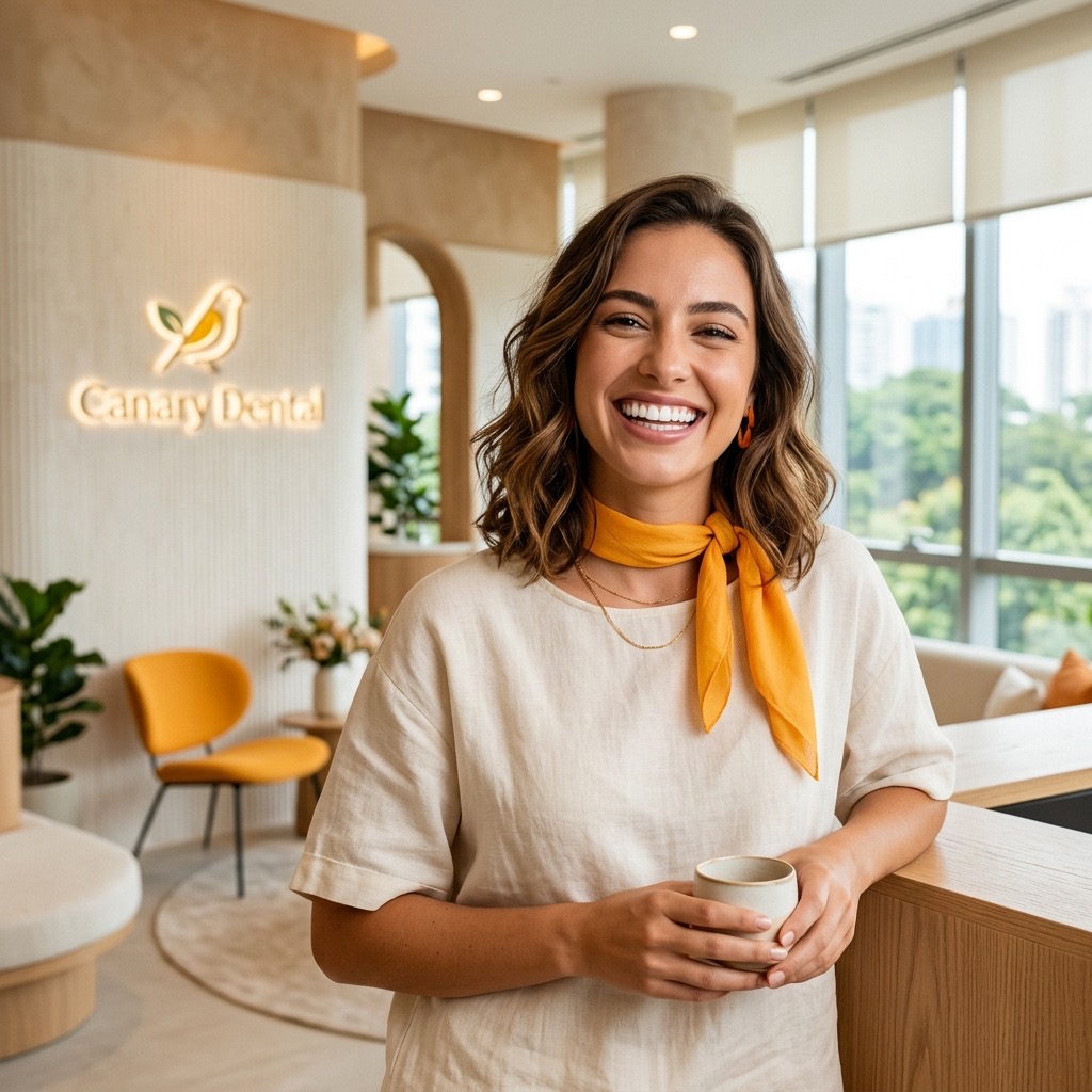 Happy patient smiling in a bright modern dental clinic